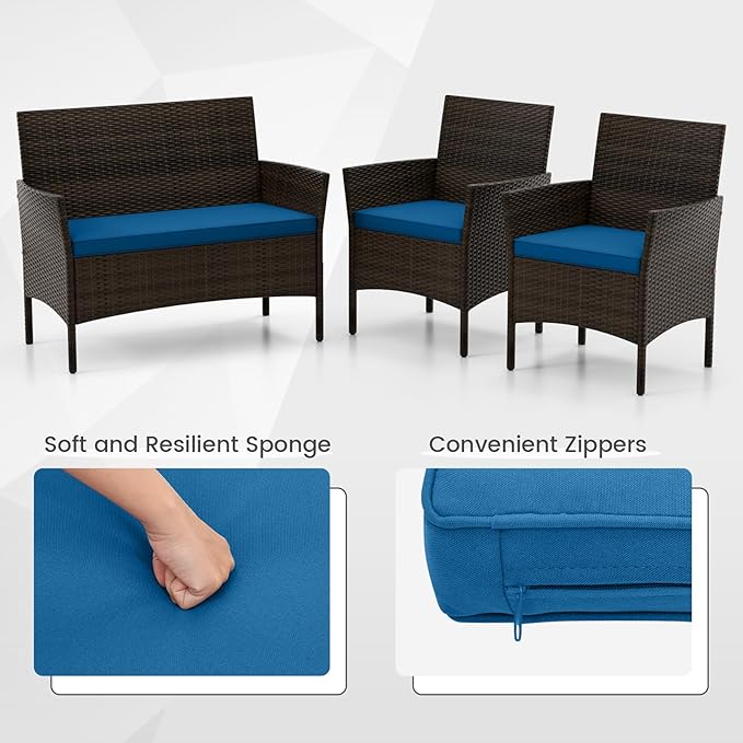 HAPPYGRILL 4 Pieces Outdoor Rattan Conversation Set, Patio Wicker Furniture Set with Loveseat Chairs & Tempered Glass Coffee Table, Outside Sectional Sofa Set for Backyard Garden Poolside, Blue