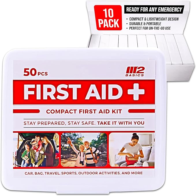 M2 BASICS Mini First Aid Kit Multi Pack, 10 Pack, 50 per Kit, 500 Total Pieces, Bulk Portable Kits for Car, Travel, Home &...