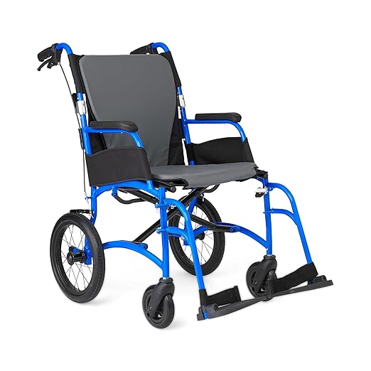 Medline Ultralight Transport Chair, Lightweight Folding Wheelchair with 12 in Rear Wheels, Padded Armrests, Swing Away Foo...