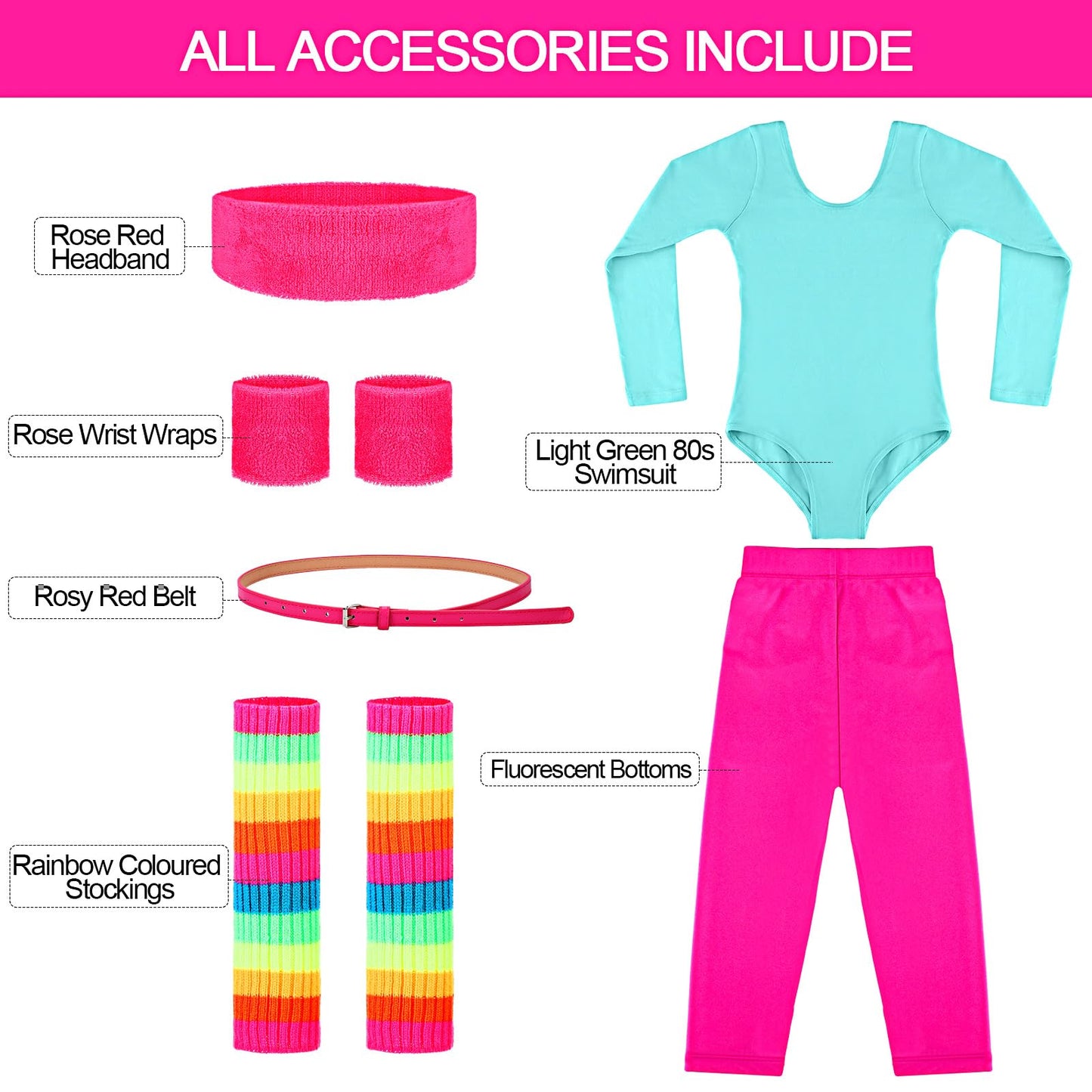 Hicarer 5 Pcs Kids 80s Workout Costume Outfit Accessories Set, Neon Leotard Legging Headband Wristband Leg Warmers Belt(2-3 Years)
