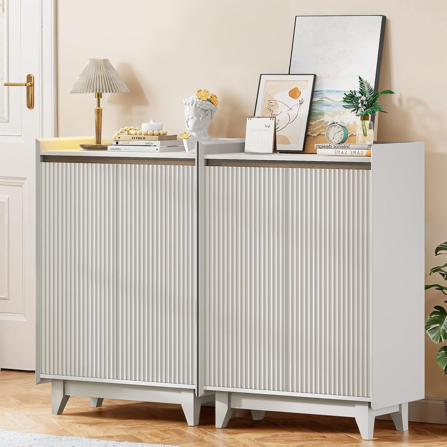 Tablyfurny White Shoe Cabinet for Entryway, 5-Tier Shoe Storage Cabinet with Doors and Shelves, 43.7" Tall Fluted Shoe Storage Organizer Cabinet, Wooden Shoe Rack Organizer for Hallway Closet