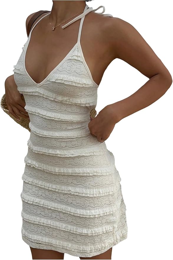 GORGLITTER Women's Backless Halter Neck Bodycon Mini Dress Sleeveless Deep V Neck Open Back Ruffle Knit Pencil Short Dresses