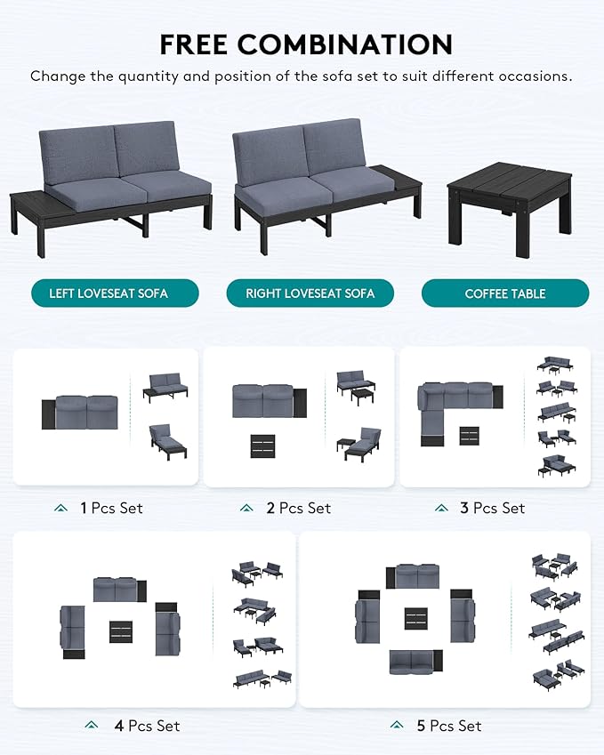 SERWALL HDPE Patio Furniture Set, 8 Seats Outdoor Sectional with Coffee Table, Outdoor Conversation Sets with Adjustable Backrest Sofa for Garden, Poolside, Black Frame with Grey Cushion
