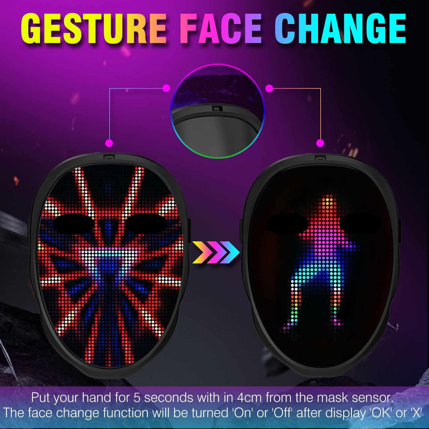 MEGOO Led Mask with Bluetooth Programmable App,Shining Led Light Up Face Mask for Adult Kid Halloween Masquerade Party (Battery)