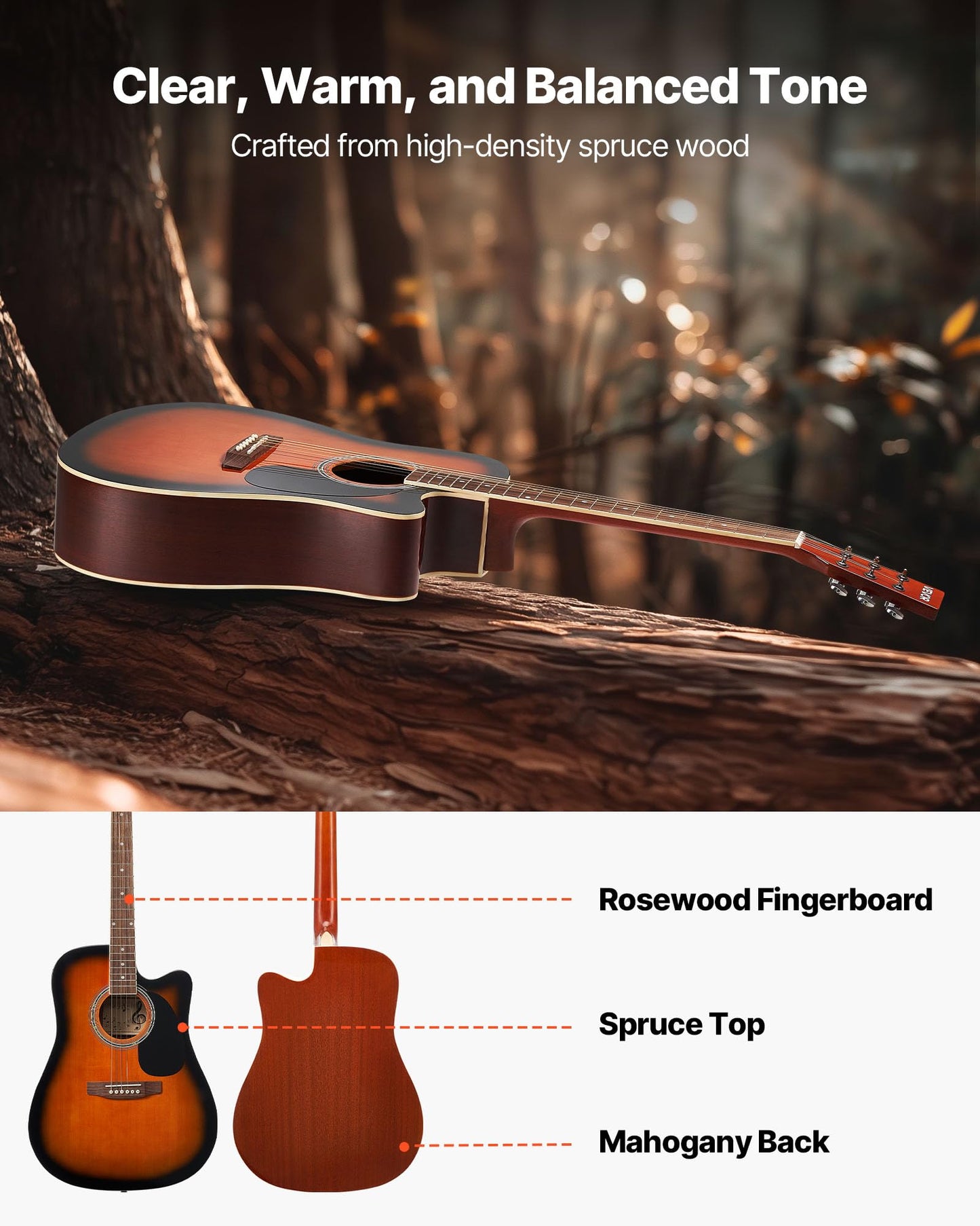 Vevor 41 In Cutway Acoustic Guitar, 6-String, Sunburst Solid Spruce Top Guitar, Beginner Bundle With Gig Bag, Tuner, Strap, Stee