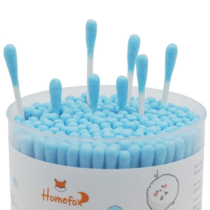 Blue Cotton Swabs Spiral - 200 Count Organic Cotton Buds Double Side Tightly Wrapped Cotton Tips Paper Stick Soft Gentle Lint-Free Cruelty-Free, Round & Spiral (Blue)