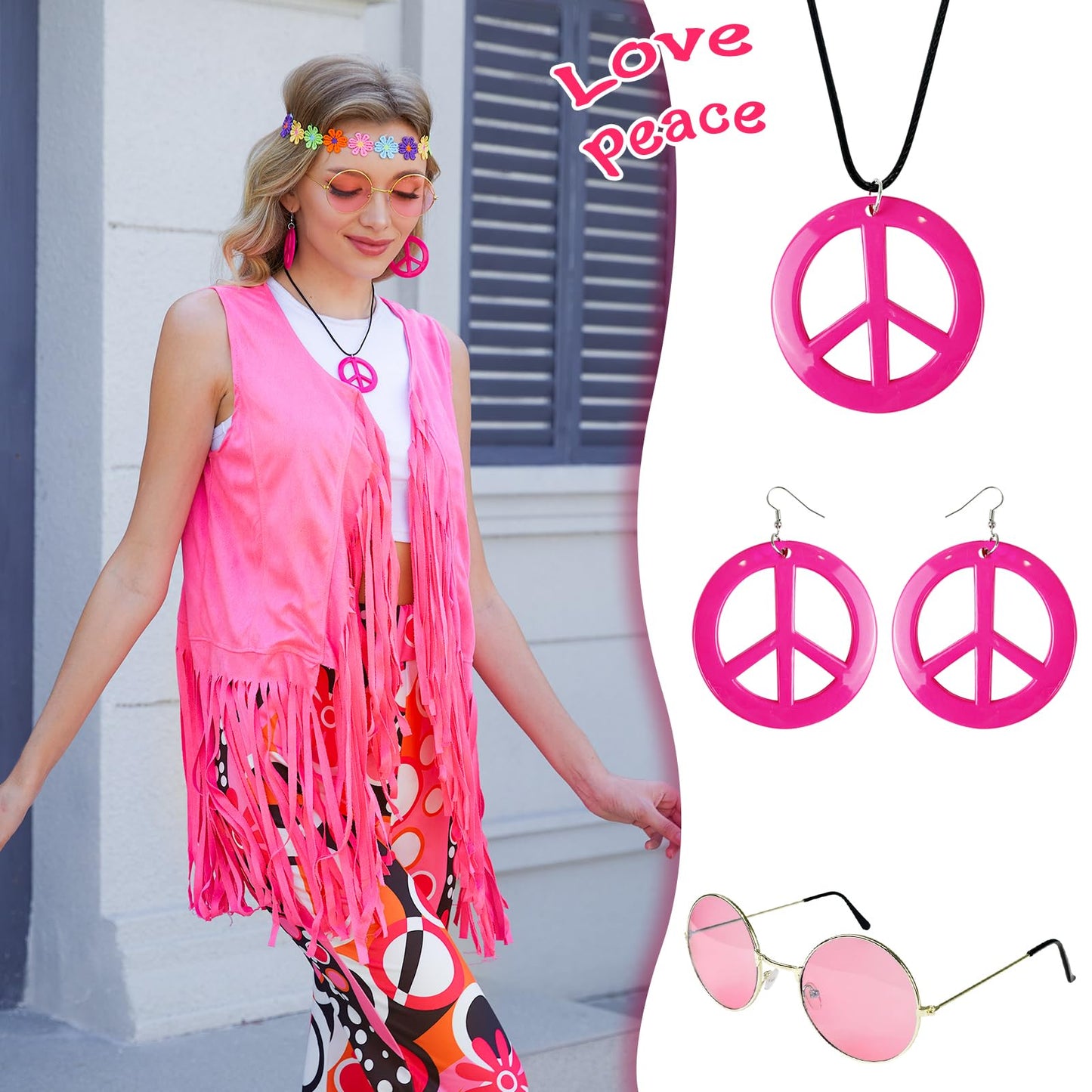 FunMular 60s 70s Outfits for Women Hippie Clothes Costume With 70's Tops Accessories Pants Fringe Vest Tassel Cardigan