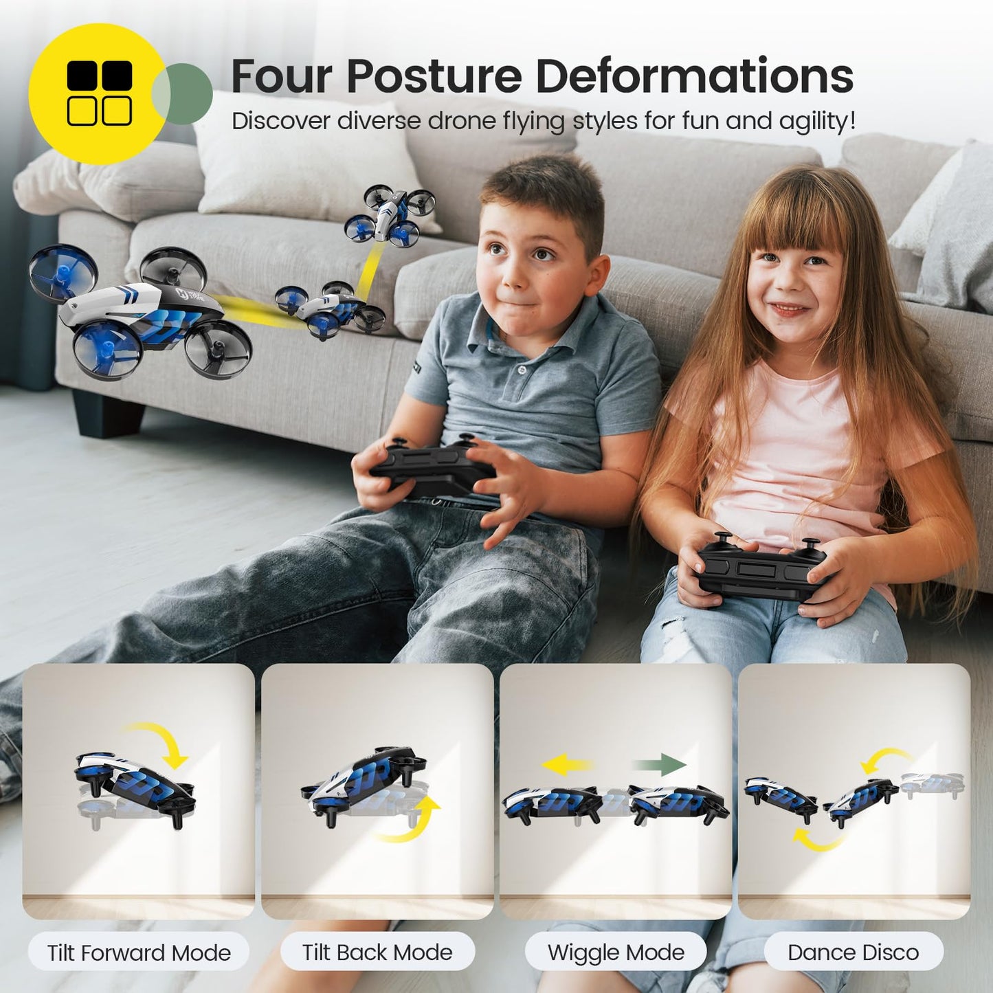 Holy Stone HS210T Drones for Kids, 2 IN1 MINI Indoor Drone with Land & Fly Mode, Four Posture Deformations RC Quadcopter with 3D Flip, Auto Hovering, Christmas Birthday Toy Gift for Boys and Girls