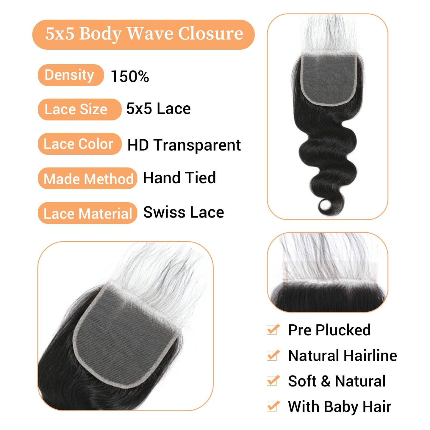 5x5 Transparent HD Lace Closure Human Hair Body Wave 18 Inch Virgin Human Hair Closure HD Lace Closure Pre-plucked Natural Black