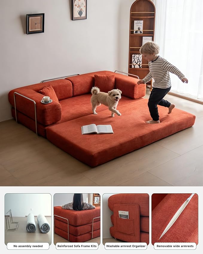 No Assembly Convertible Sofa Bed & 79" Boneless Couch with Pocket , 5-in-1 Futon Sofa Bed with 2 Pillows Modular Pull Out Couch Bed with Frame,Compression in Box for Living Room Small Spaces Orange