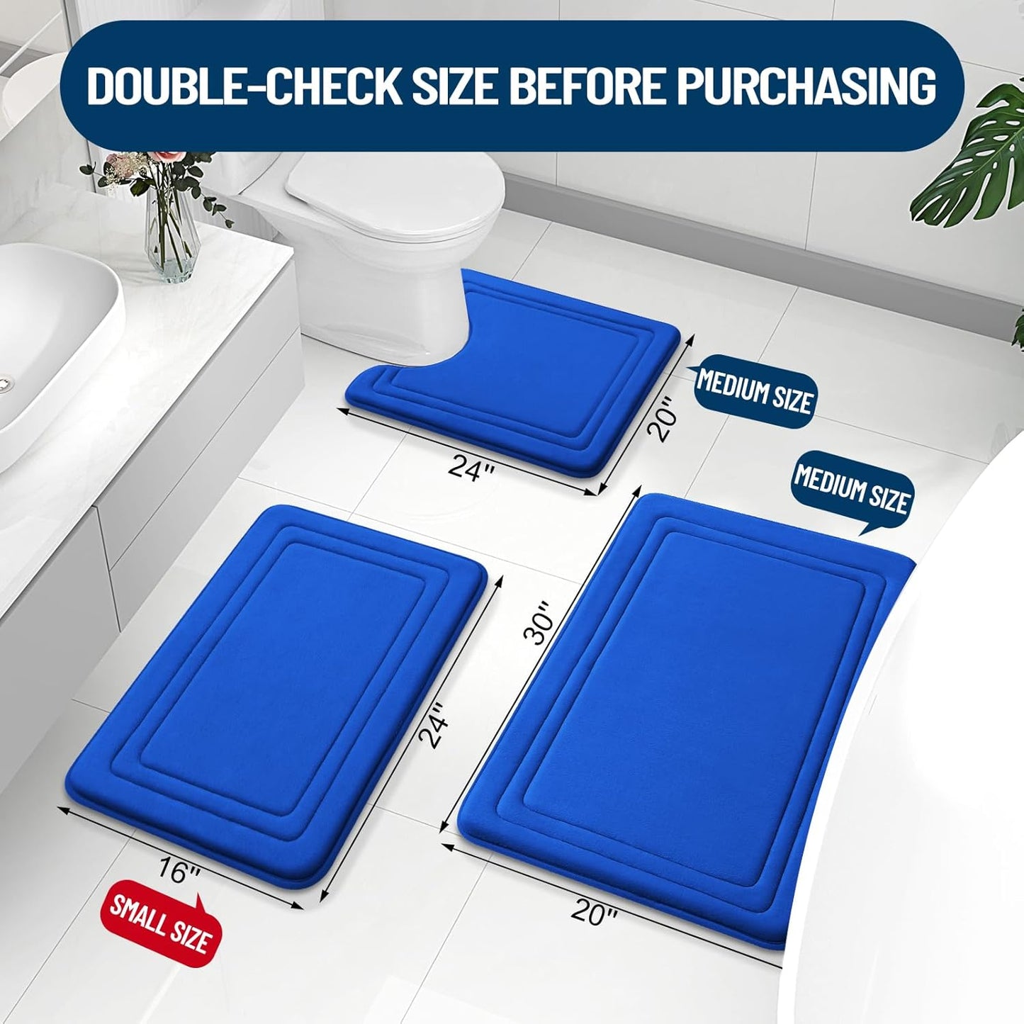 Grandaily Memory Foam Bath Mat Rug 30x20, Ultra Soft, Non-Slip and Absorbent Bathroom Rugs, Machine Wash Dry, Comfortable Bath Carpet for Bathroom Floor, Tub and Shower, Royal Blue