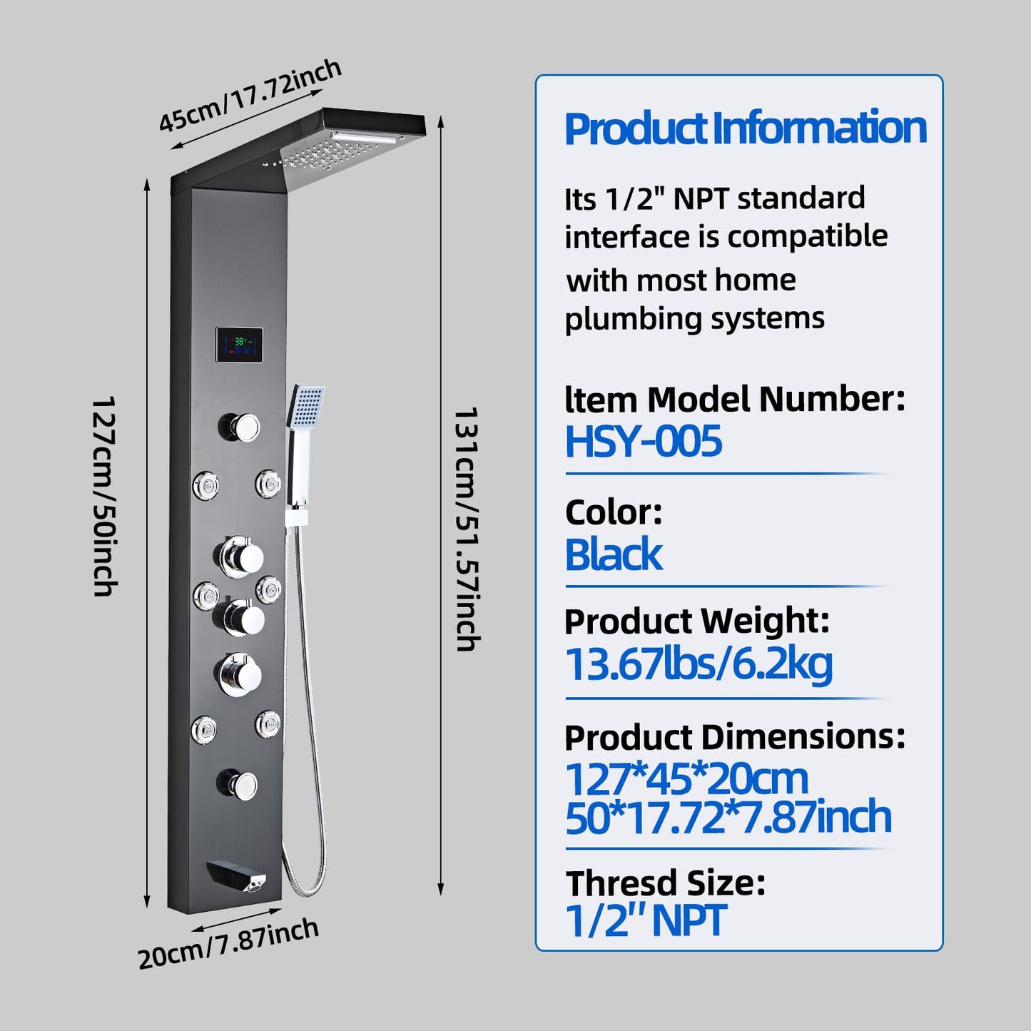 HSYLYPA Shower Panel Tower System Shower Panel Tower with Powerful Body Jets, Rainfall, Waterfall,Handheld and Tub Spout,Stainless Steel LED Shower Column - Brushed Black