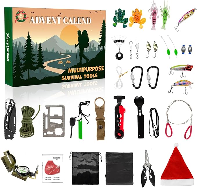 2025 Survival Kit Advent Calendar for Men - 24 Days Survival Gears Gifts - 33pcs Cool Gadgets for Outdoor Camping Fishing ...