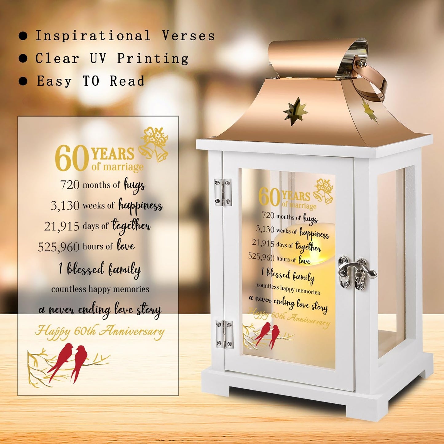 60th Wedding Anniversary Lantern,60th Anniversary Wedding Gifts for Couple Parents Husband Wife，60 Year Diamond Anniversary Gifts for Her Him,Unique 60th Anniversary Wedding Gift Ideas