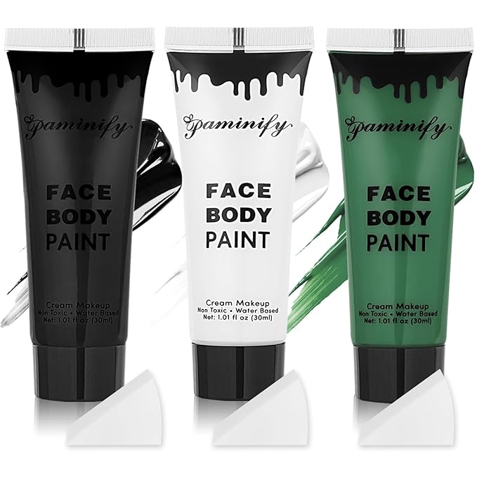 Black White Green Face Body Paint 1.01 oz/pc with 3 Sponges,Dark Green Zombie Face Painting Cosplay Kit, Elphaba Hunting Hulk Halloween SFX Witch Makeup Cream Face Paint,3 oz