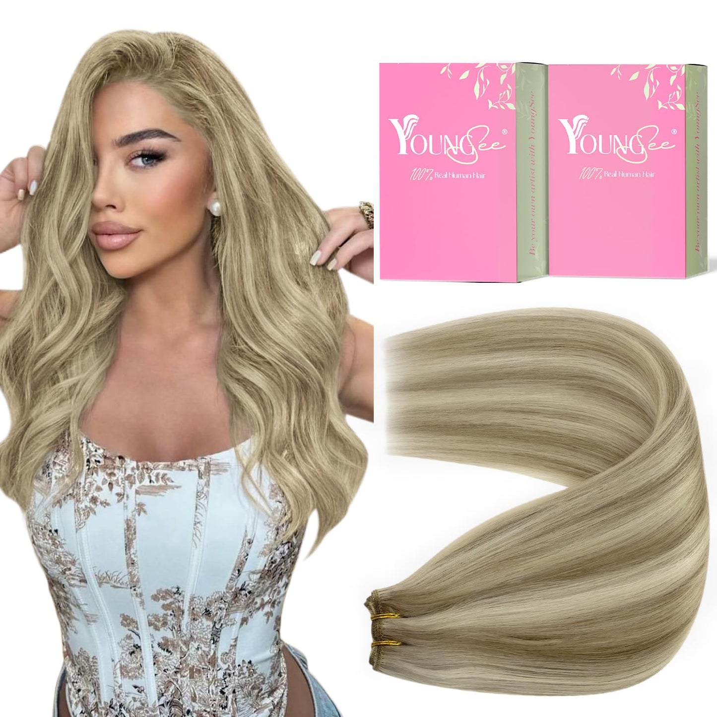 YoungSee Weft Human Hair Extensions Blonde Highlight Sew in Hair Extensions Human Hair Light Brown with Blonde Highlight Sew in