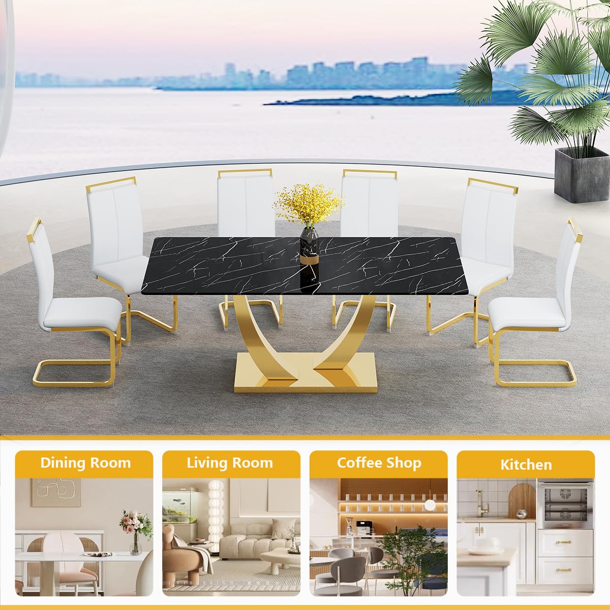 Dining Set of 6 Chairs and Table, 71'' Black Dining Table Set for 6, Faux Marble Dining Room Table Set & Ergonomic Chairs for Dining, Tempered Glass Top with U-Shaped Leg and Stainless Steel Base
