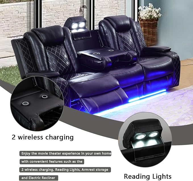 A Ainehome Luxury Furniture Sets Power Recliner Sofa Set Recliner Leather Sofas Loveseat Chair for Living Room Furniture/Small Space/Rv/House/Office/Theater Seating (F-Black,Sofa(3seater))