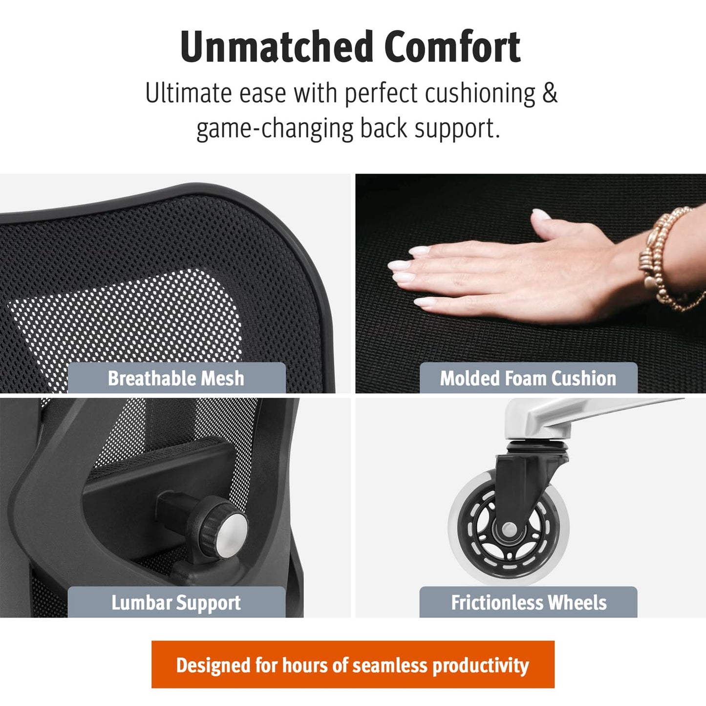Duramont Ergonomic Office Chair with Rollerblade Wheels - High Back Breathable Mesh Desk Chair, 4D Lumbar Support, Memory Foam Seat, Adjustable Headrest and Armrests, Reclines, Black