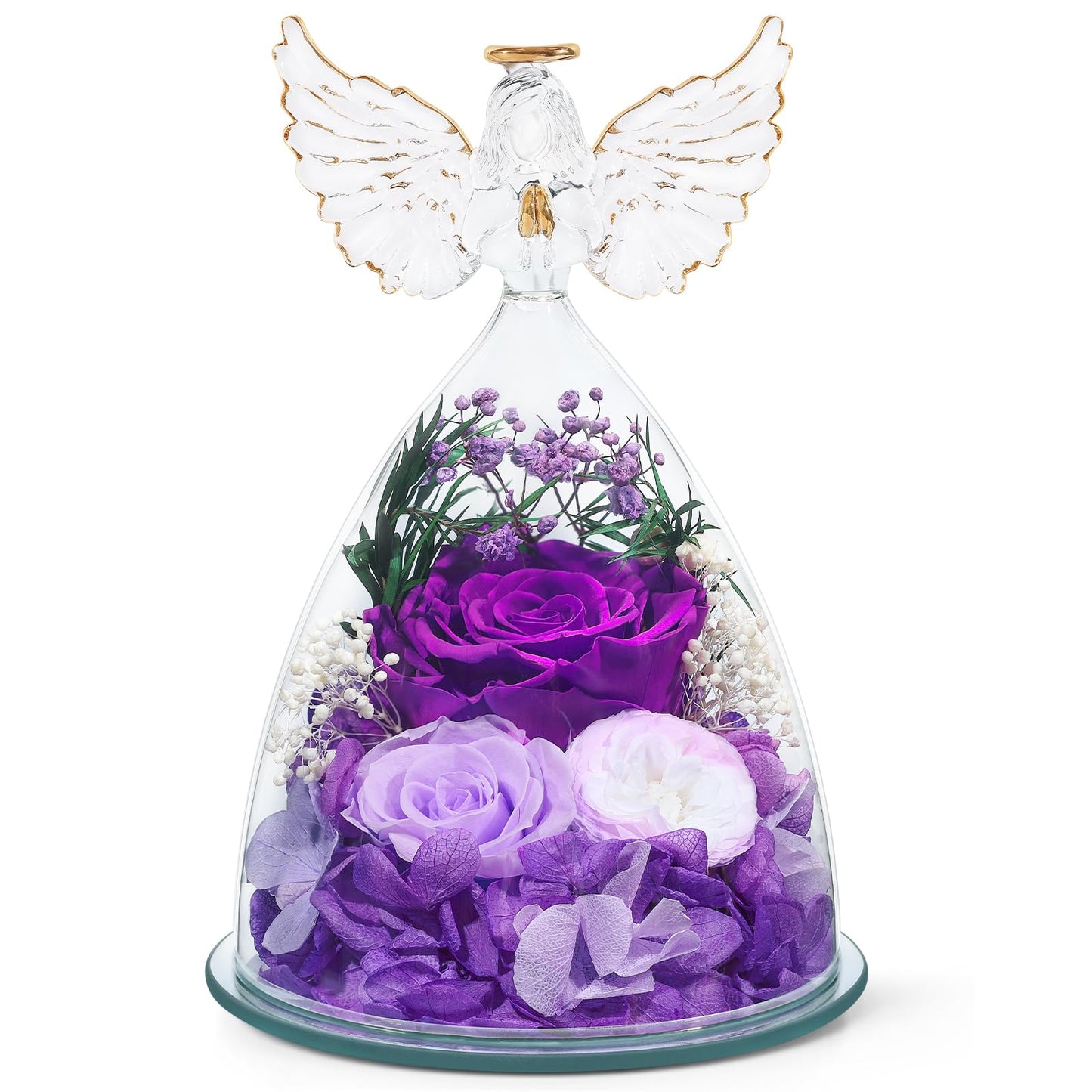 FIACO Gifts for Women Mom Preserved Rose Forever Flower in Glass Angel Figurine Fresh Flowers for Delivery Prime Birthday Gifts for Grandma Wife Sister Christmas Anniversary Eternal Purple Roses