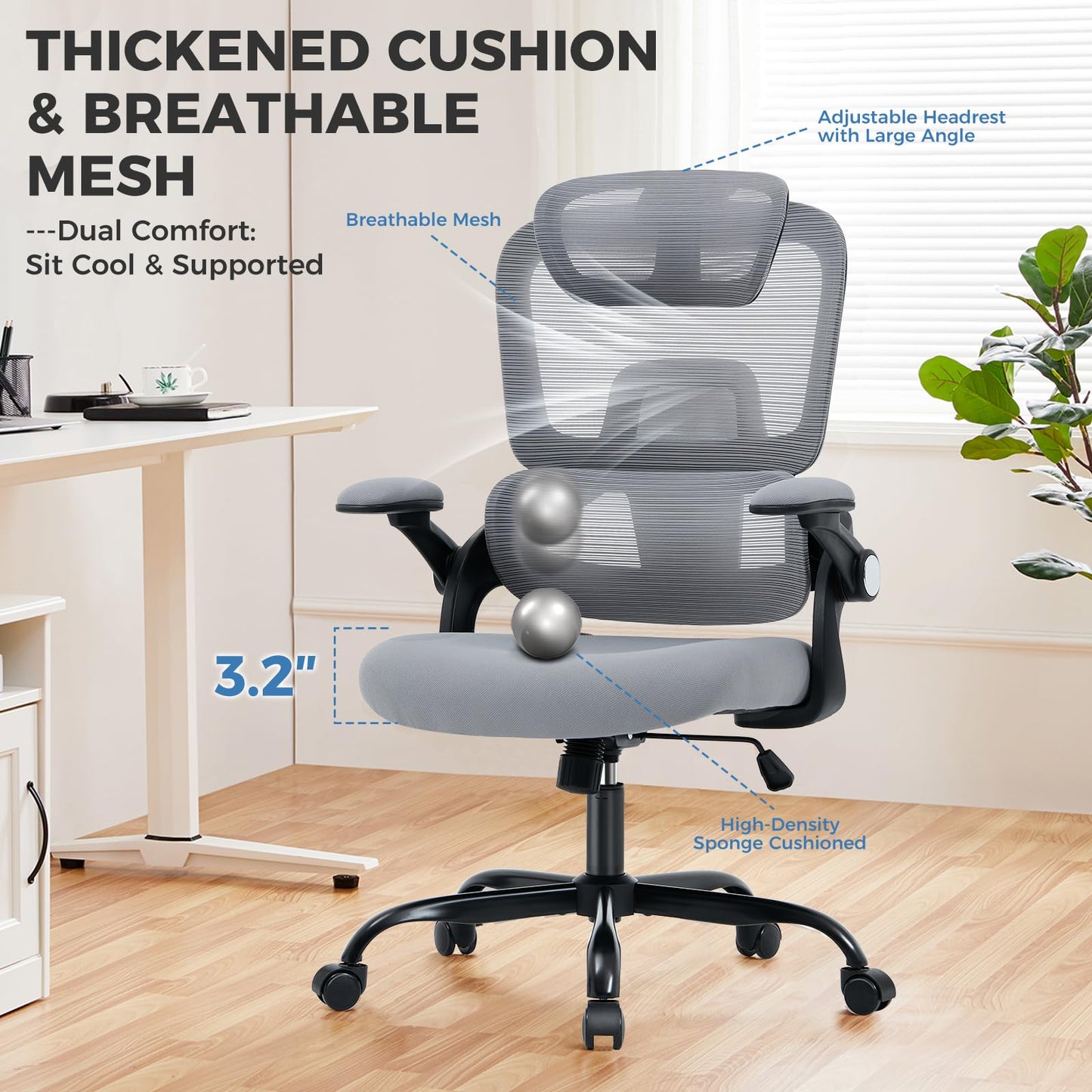 ACFOUL Ergonomic Office Chair, Mesh Desk Chair with 2D Adjustable Lumbar Support – Relieve Back Pain for Long Workdays Sitting, High Back with 3D Headrest & Armrests for Home Office Comfort, Dark Gray