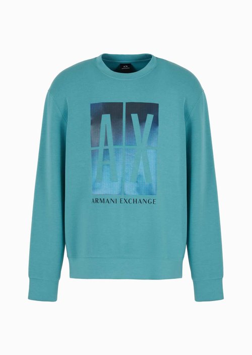 Armani Exchange A｜X Men's Abstract Print Logo Pullover Crewneck Sweatshirt, Bristol Blue