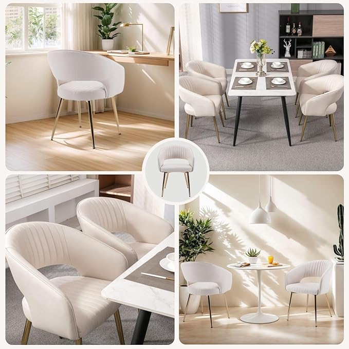 COMULER Faux Leather Dining Chairs Gold Legs, Modern Cream PU Leather Dining Room Chairs with Arms Set of 6 Upholstered Accent Chair Armchair with Barrel Back for Kitchen Living Room