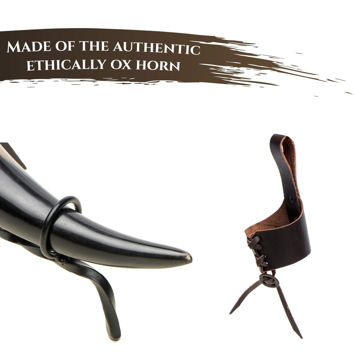 Trondebal Viking Drinking Horn 15-20 oz with Metal Stand | Hand-Crafted Ox Horn Cup for Mead, Ale, Beer | Medieval Norse Gift & Home Bar Décor, Food-Safe Lacque Unique Beer Gift for Men and Women