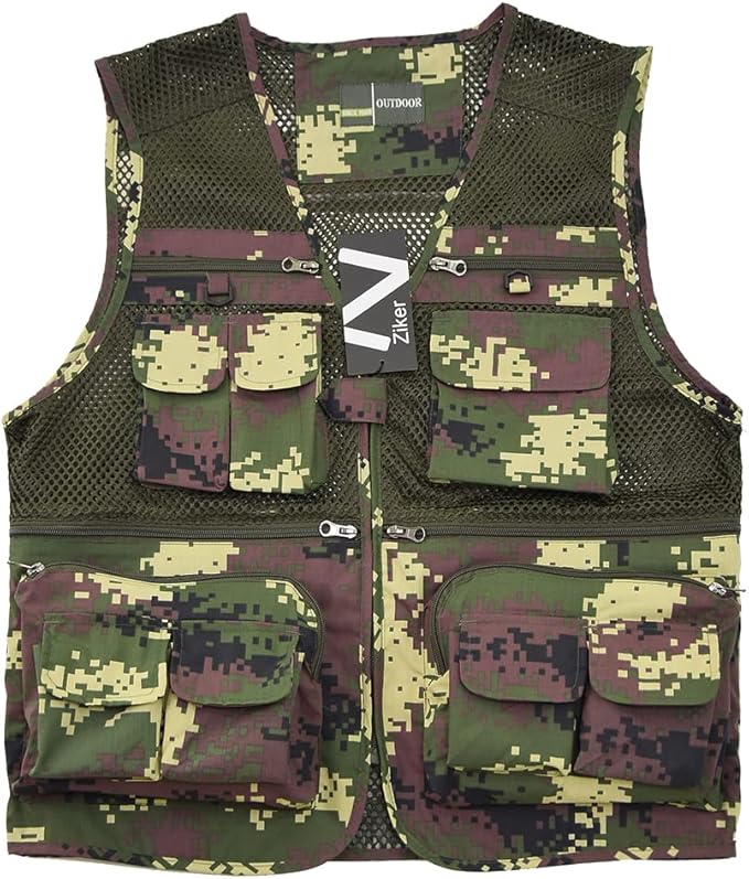 Ziker Men's Mesh Breathable Openwork Camouflage Journalist Photographer Fishing Vest Waistcoat Jacket Coat