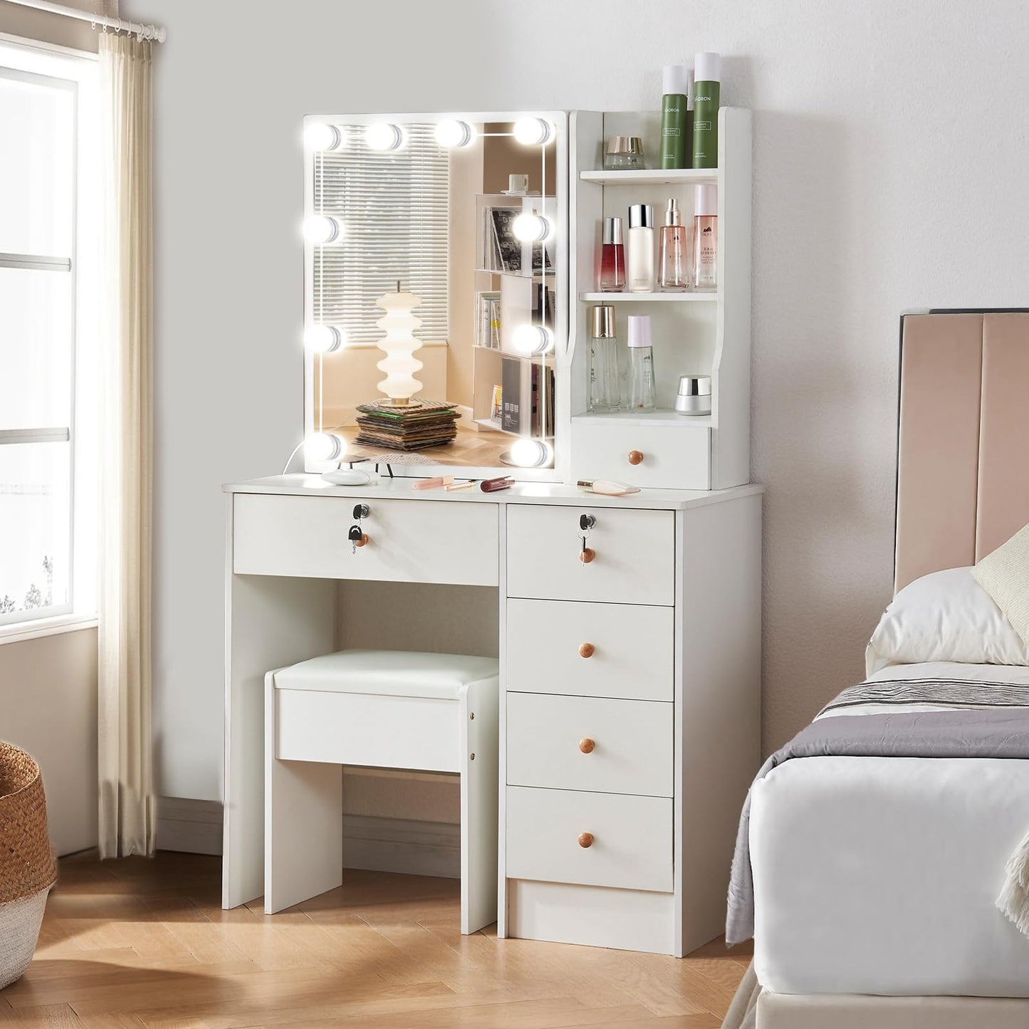 onesaimei Makeup Vanity with Mirror and Lights, Vanity Desk with 5 Drawers & Multiple Shelves, Vanity Table with Cushioned Stool for Bedroom & Makeup Room, White