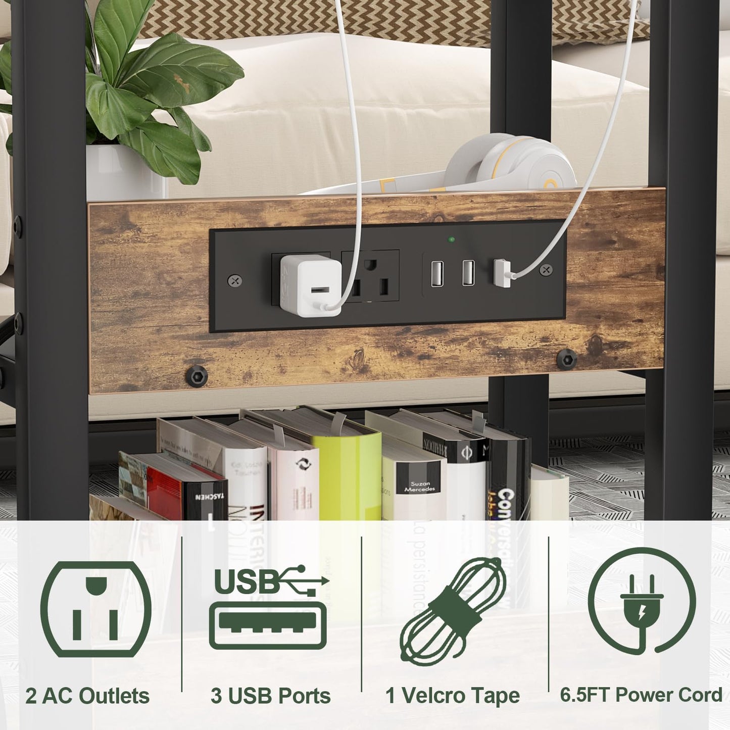 C Shaped End Table Height Adjustable - Couch Side Table with Charging Station, TV Tray with Wheels Slide Under Sofa for Small Spaces, Living Room Bedroom, Rustic Brown