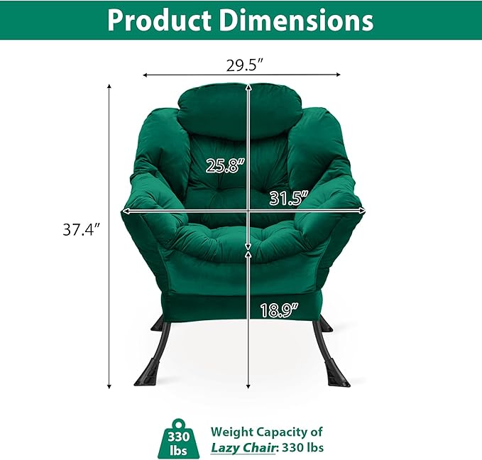 Youtanic Lazy Chair Thick Padded, Comfy Velvet Accent Lounge Chair with Stable Frame, Leisure Sofa Armchair with Armrests and Side Pocket, Reading Chair for Bedroom, Living Room, Office, Green