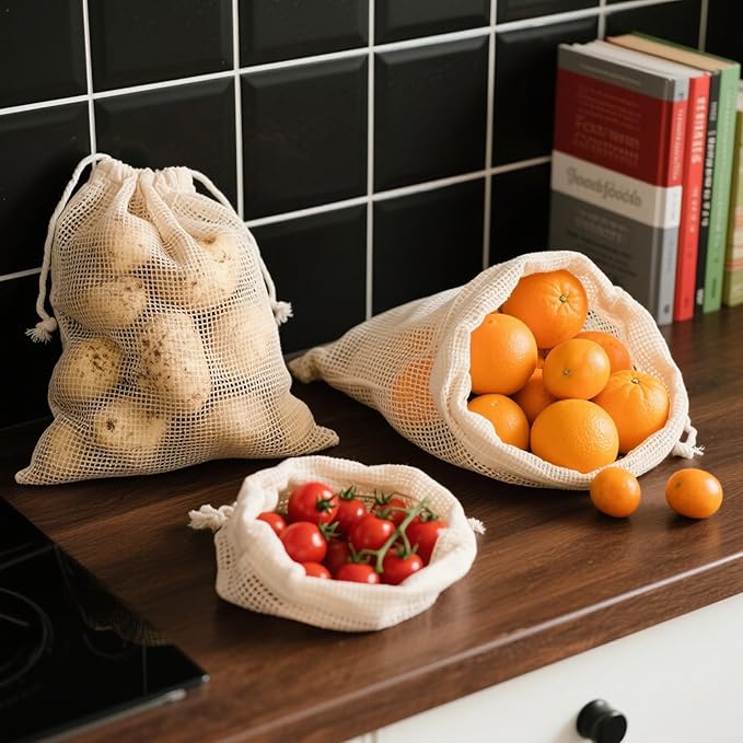 Klmnop 14 Pack Reusable Cotton Mesh Produce Bags, Vegetable Produce Drawstring Bags Washable, Mesh Bags for Grocery Vegetables & Fruits Shopping, Refrigerator Storage 4xS, 4xM, 4xL, 2xXL