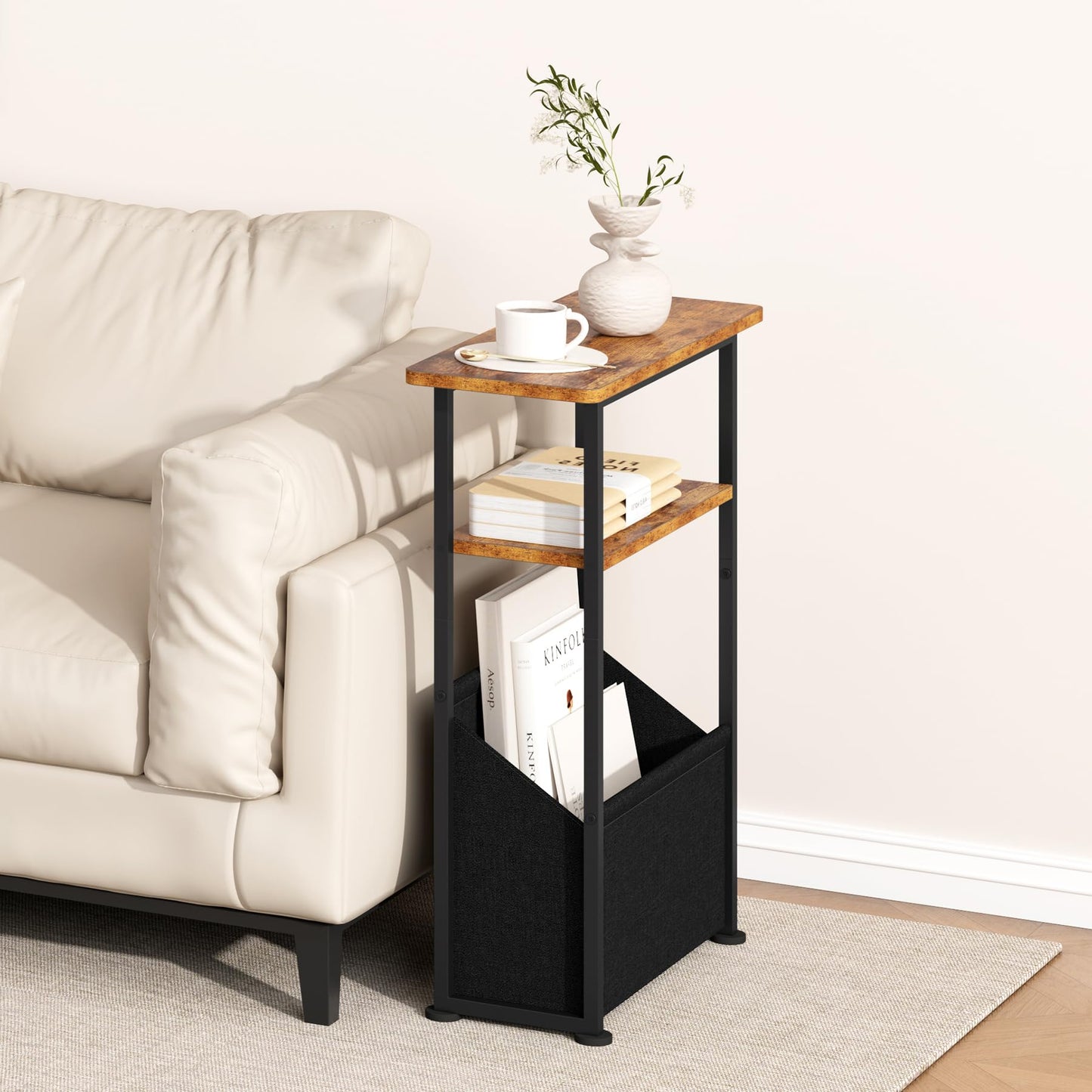 Yusong Narrow Side Table for Small Spaces, Skinny End Table with Storage Basket, 3 Tier Slim Sofa Couch Bedside Table, Thin Nightstand for Bedroom, Living Room, Rustic Brown