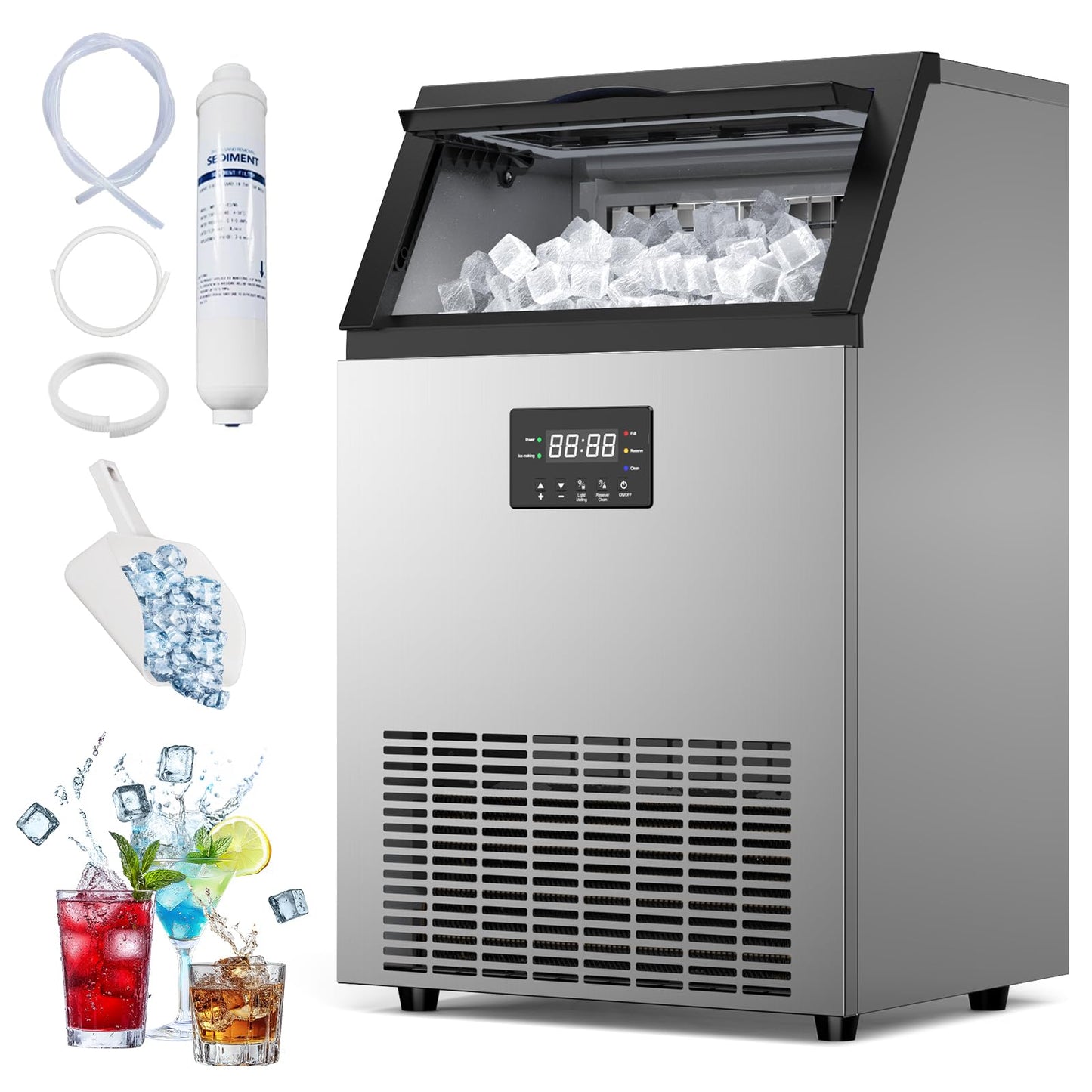 Commercial Ice Maker Machine, 200lbs/Day Under Counter Ice Machine with 50 Lbs Storage Bin, 55 Ice Cubes in 8-12 Mins Free Standing Ice Maker for Home/Bar/Restaurant/Outdoor