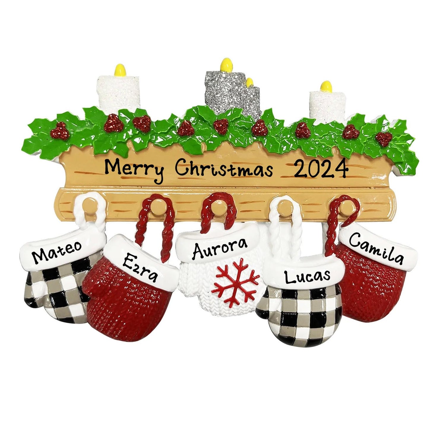 Personalized Mitten Family Happy Christmas Tree Ornament - Customized With Family Names - Free Personalization - New for 2024 (Family of 5)