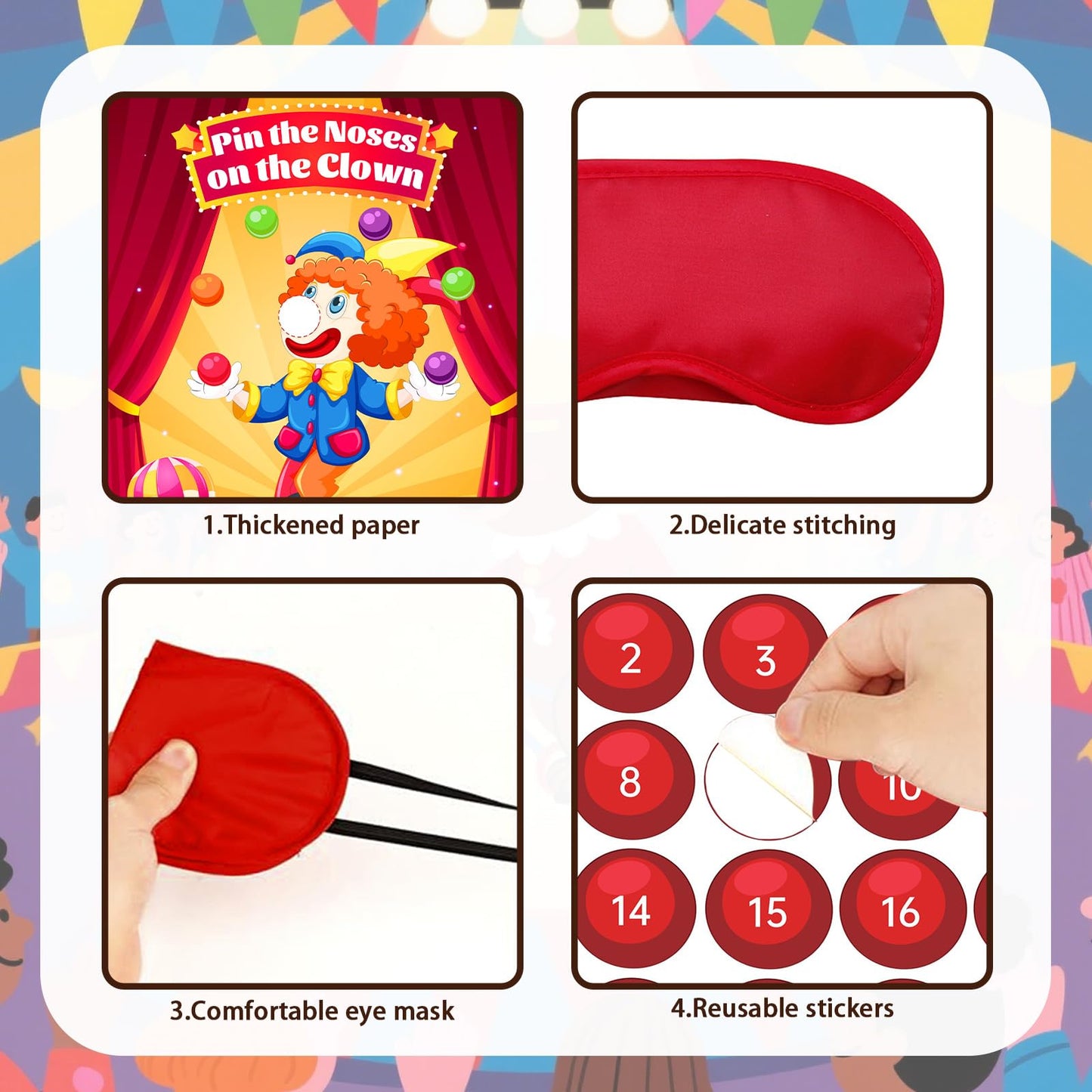 Circus Carnival Party Decorations - Pin The Noses on The Clown Birthday Games Yellow Clown Theme Poster with 24pcs Stickers and 1 Blindfold