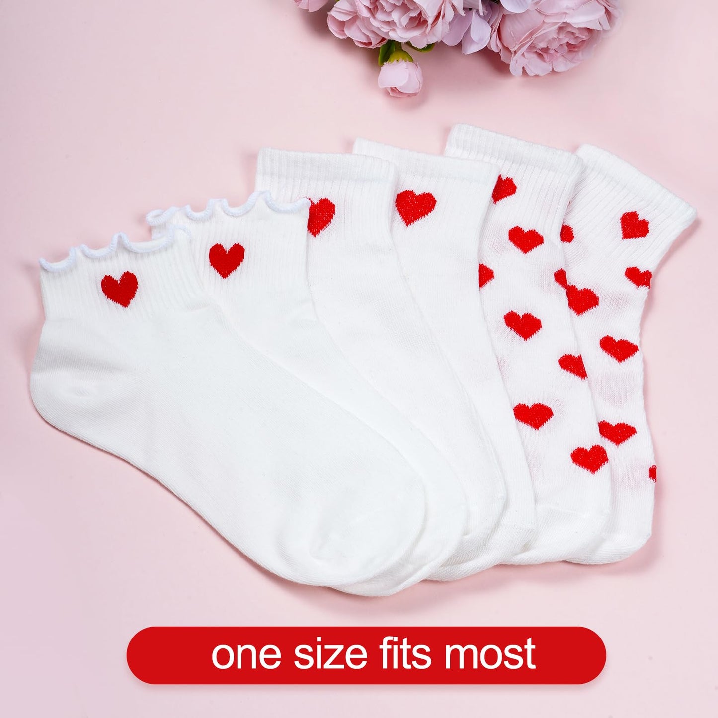 phnydreg 6 Pairs Heart Pattern Ankle Socks Red Heart Ruffle Quarter Socks for Women Girls