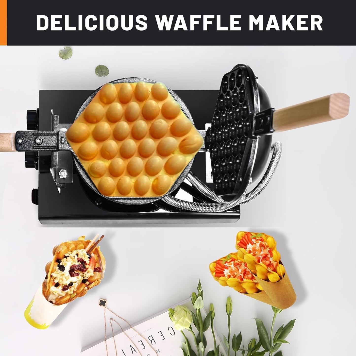 HTTSICHI Bubble Waffle Maker - Commercial Egg Waffle Maker w/Non-stick, Temperature and Timers, 1400W Hong Kong Egg Waffle Iron w/Rotating Baking Pan, Stainless Steel Bubble Waffle Machine Restaurants