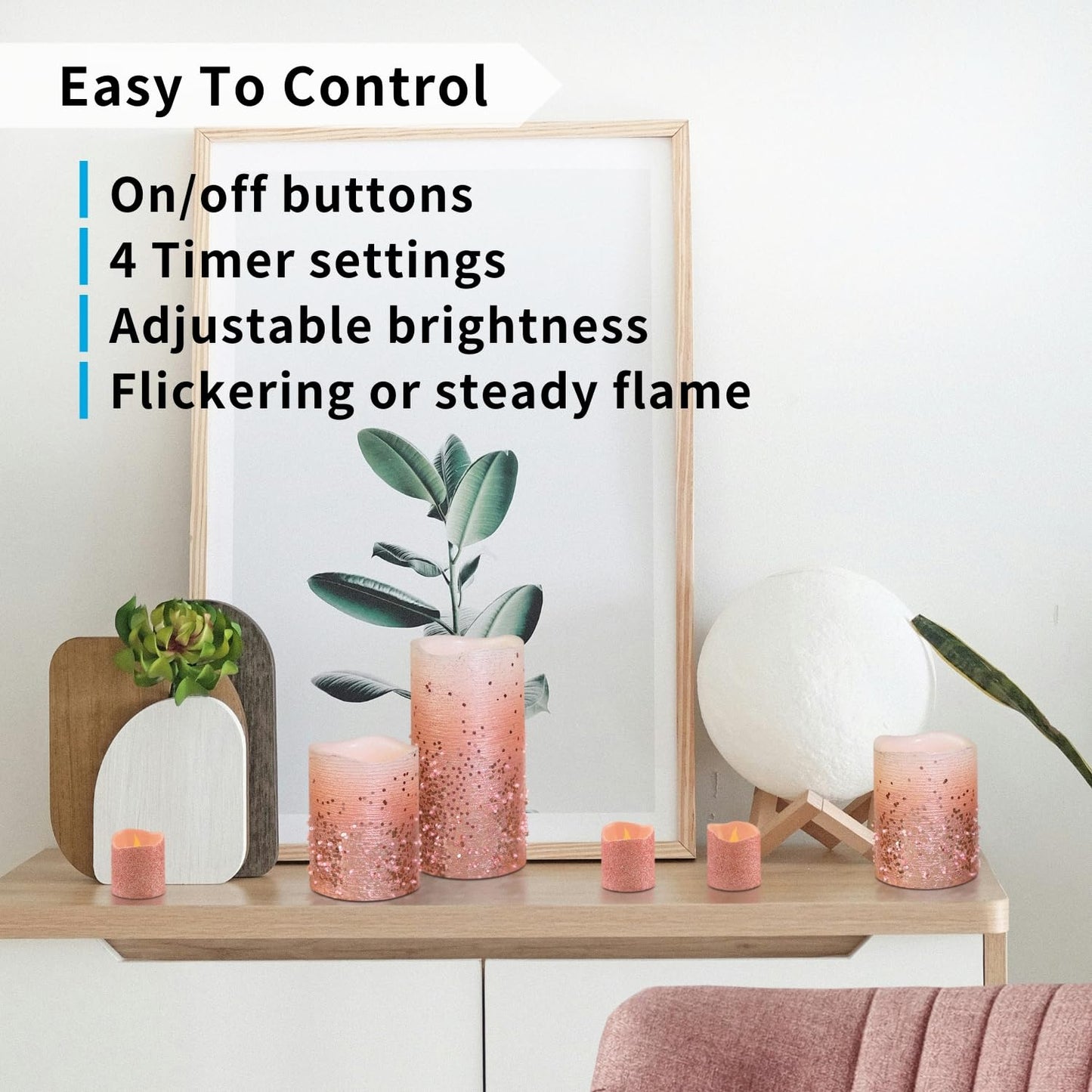 FURORA LIGHTING Pink Glitter LED Candles with Remote and Timer, 4 Pillars and 4 Votives Pack of 8, Real Wax Flameless Flickering Candles for Home Décor, Battery Included