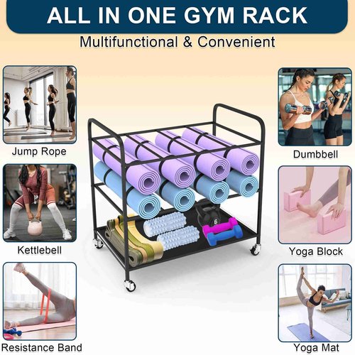 MOUMISS Yoga Mat Rack Storage Cart Basket Home Gym Storage Organizer Rack Equipment Weight Rack for Yoga Block, Foam Roller, Resistance Band, Dumbbell, Kettlebell (Black)
