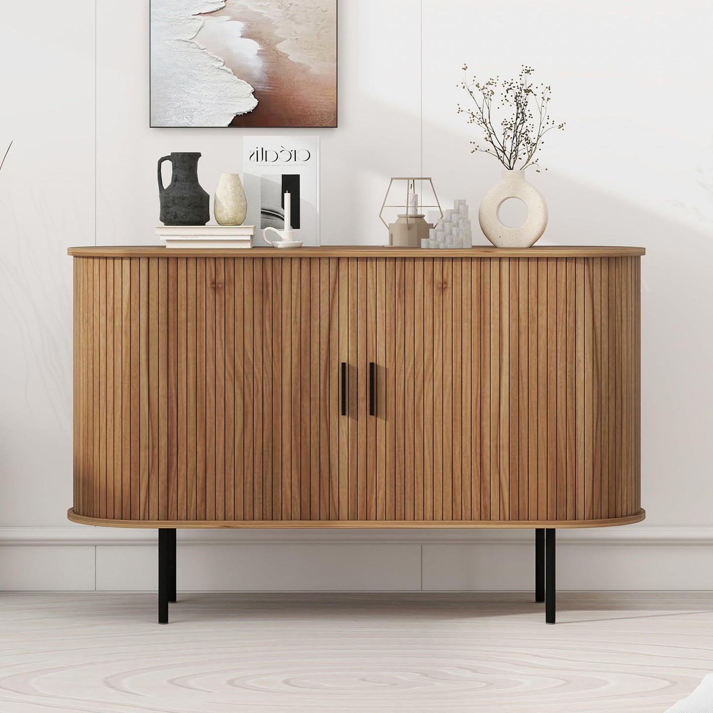 Janmer Home 47.2" Fluted Storage Cabinet with Sliding Tambour Doors, Mid Century Modern Buffet Sideboard with Storage, Oval Curved Accent Cabinet for Living Room Kitchen (Walnut)