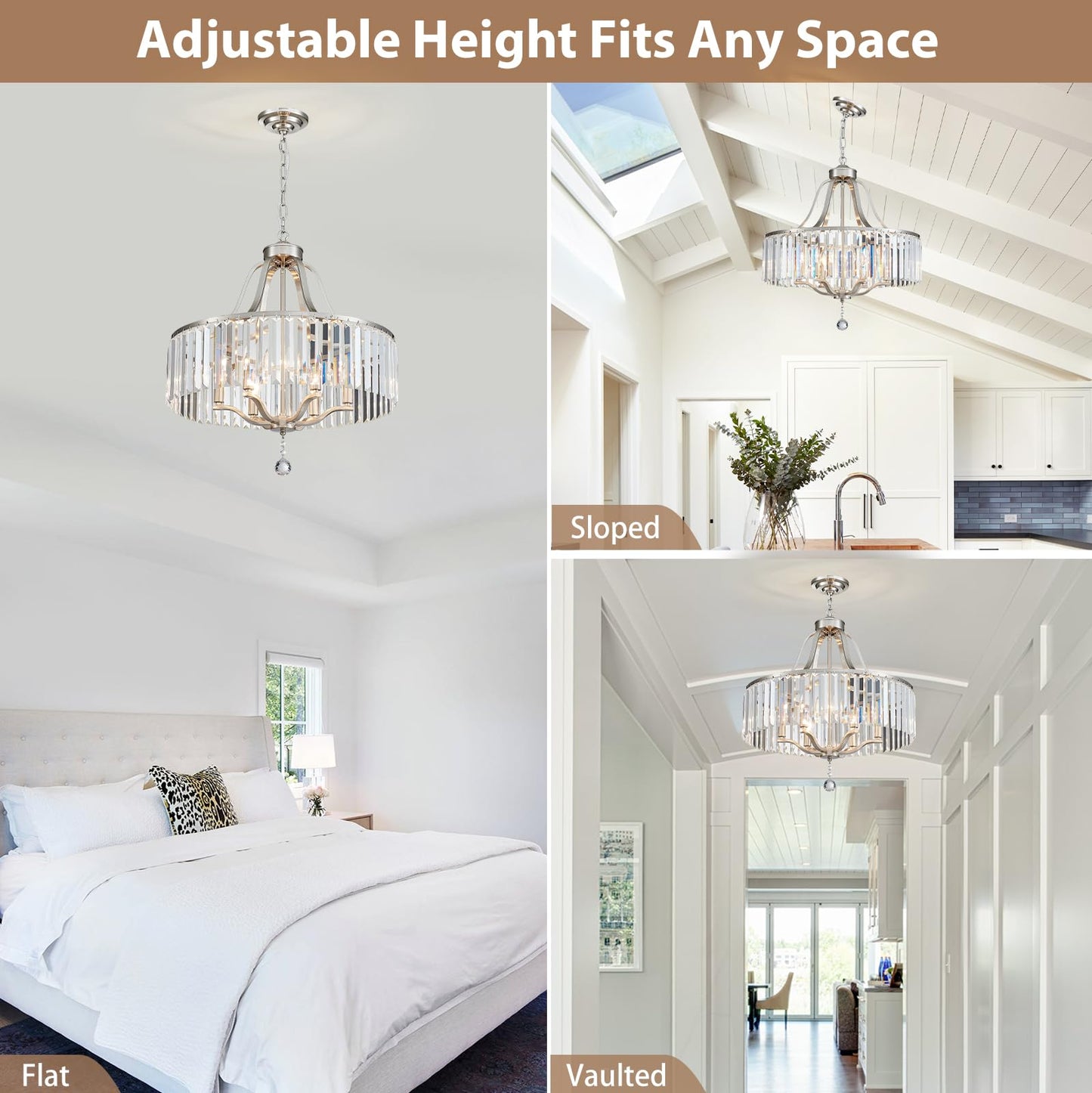 peskoe Modern Crystal Chandeliers Round 6-Light Large Brushed Nickel Pendant Lighting Fixture for Dining Room Living Room Kitchen Island Bedroom Hallway 21.7" Adjustable Height Hanging Lamp