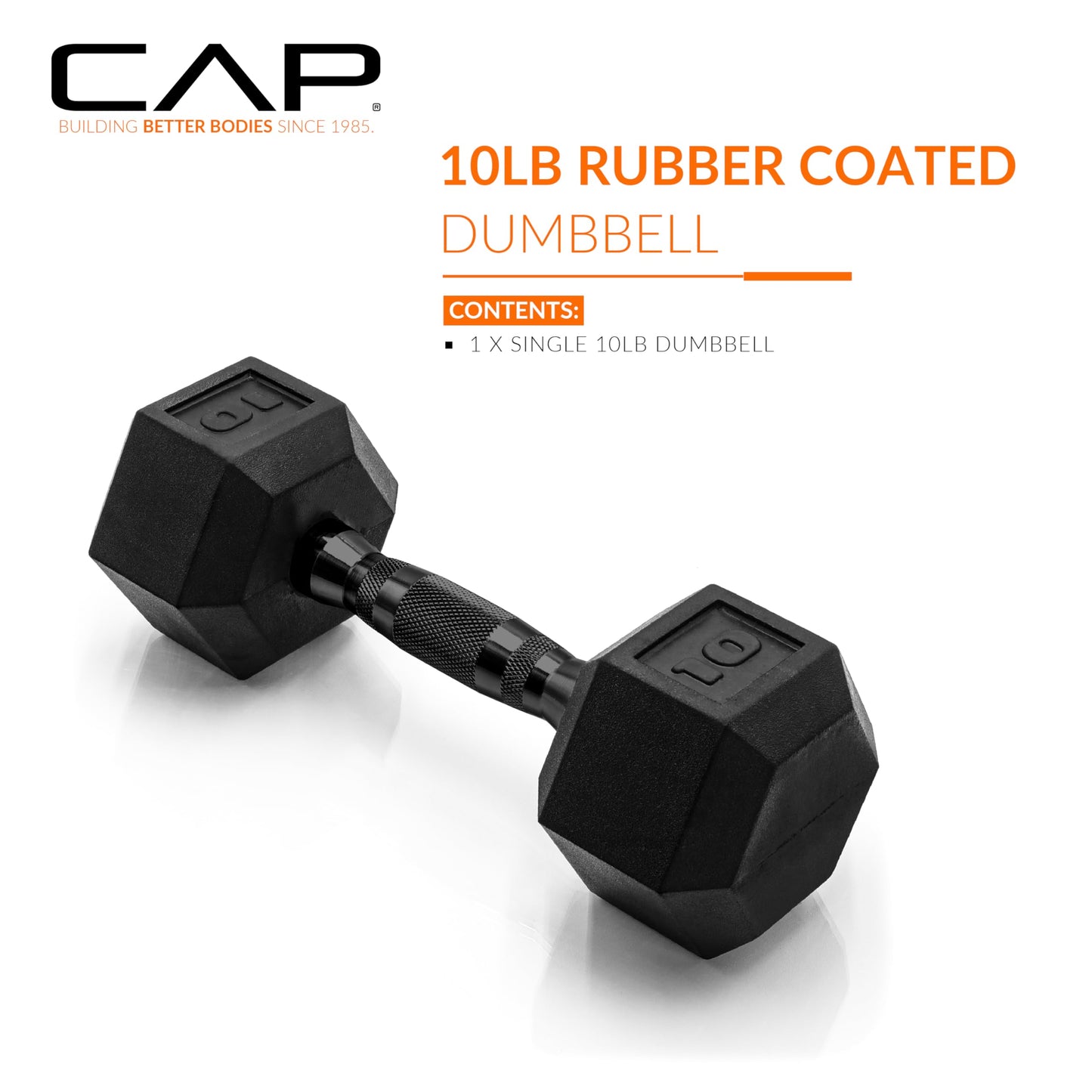 CAP Barbell 10 LB Rubber Coated Hex Dumbbell Hand Weight - Single | Black Handle