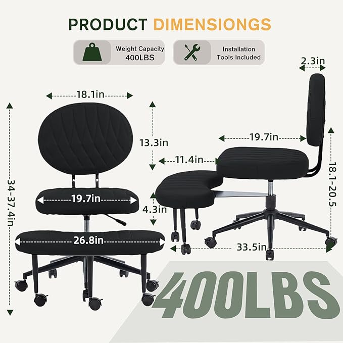 Ergonomic Cross Legged Office Chair with Wheels, Wide Seat and Backrest for Meditation, ADHD Cross Legged Office Chair with Adjustable Height, 360°Rotating Footrest for Yoga Home Office