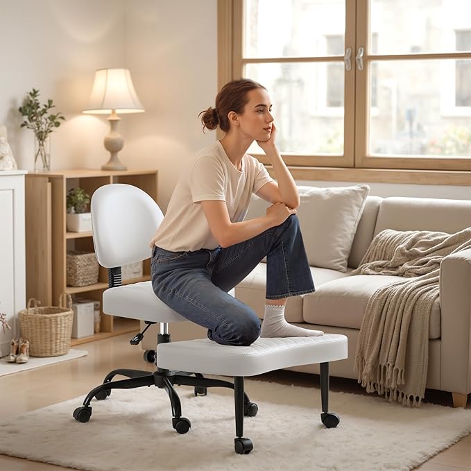Homall Ergonomic Cross Legged Office Desk Chair with Wheels, 360° Swivel and Adjustable Height for Meditation and ADHD,Criss Cross Kneeling Chair with Lumbar Support (Leather, White)