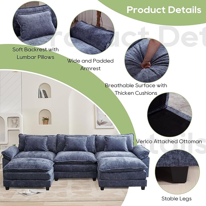 Oprisen 120" Modular Sectional Sofa, Comfy Cloud Couch Sectional Sofa with Ottoman, Chenille Sofa Sleeper Deep Seat Sofa with Throw Pillows for Living Room (Blue, 120"- U Shape)