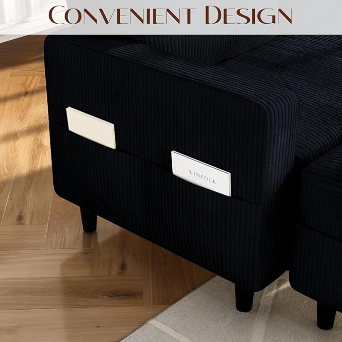 POYISOU Sectional Couches for Living Room, L Shaped Couch with Storage Ottoman, Small Sofa Corduroy Couch with Side Pockets, Modern 3 Seater Convertible Sofa for Apartment, Office, Black