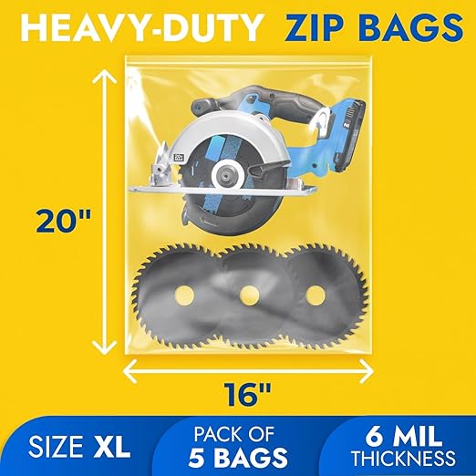 16" x 20" Large Zip Seal Lock Bags, 6 Mil (Pack of 5) – Heavy-Duty Reclosable Plastic Bags – Clear, Resealable, Waterproof – For Storing and Organizing Clothes, Jewelry, and Travel Items