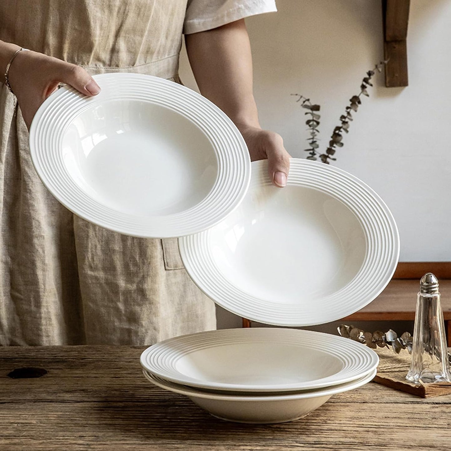 Pasta Bowls Plates Set of 6, 8.5inch Ceramic Plates tableware,Salad,Shallow Soup for Pasta, Soup, Microwave & Dishwasher Safe (6)
